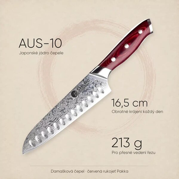 Santoku nůž z damaškové oceli SaKuRo Red Pakka 16,5 cm
