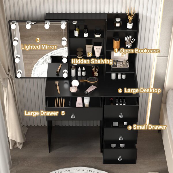 Kosmetický stolek, černý - 4 zásuvky - MDF - Moderní design - Zrcadlo