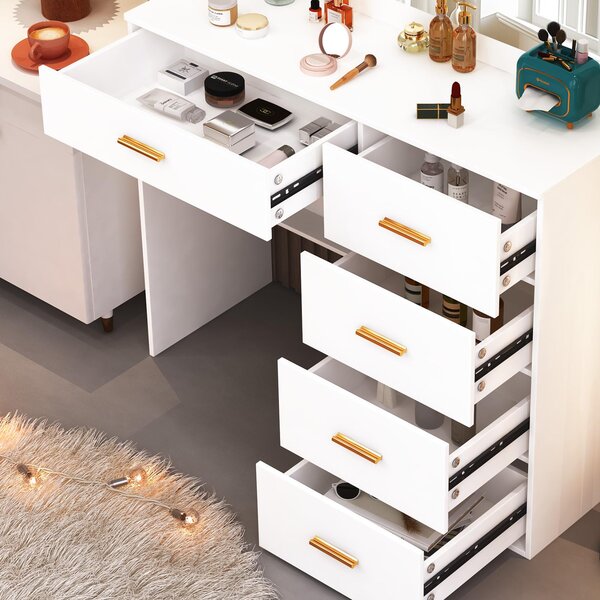 Kosmetický stolek – bílý – 80x36x130 cm – 5 zásuvek – MDF s prosklenými prvky – nábytek do ložnice