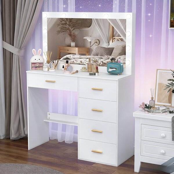 Kosmetický stolek – bílý – 80x36x130 cm – 5 zásuvek – MDF s prosklenými prvky – nábytek do ložnice