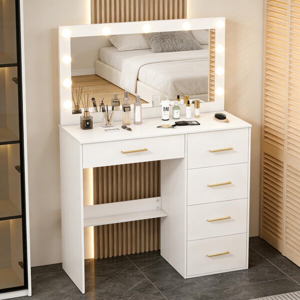 Kosmetický stolek – bílý – 80x36x130 cm – 5 zásuvek – MDF s prosklenými prvky – nábytek do ložnice