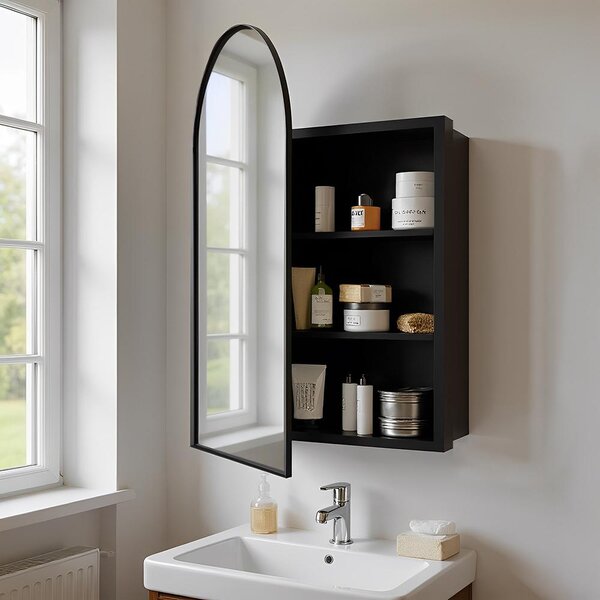 Zrcadlová skříňka do koupelny, zakřivený design, černá barva - nástěnný model se zrcadlovými dvířky - dřevo - moderní styl - úložná skříň