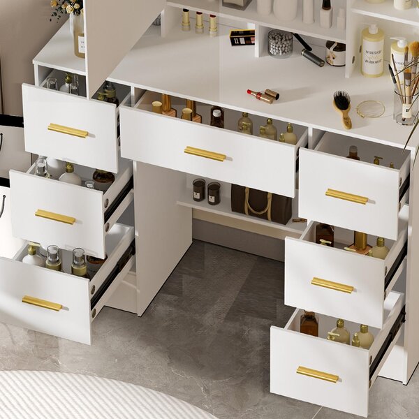 Toaletní stolek s LED zrcadlem - bílý - 7 zásuvek - vyrobený z MDF dřeva