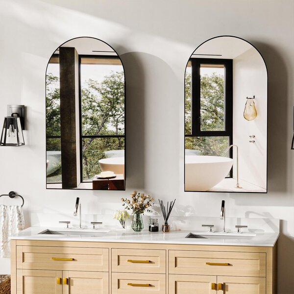 Zrcadlová skříňka do koupelny, zakřivený design, černá barva - nástěnný model se zrcadlovými dvířky - dřevo - moderní styl - úložná skříň