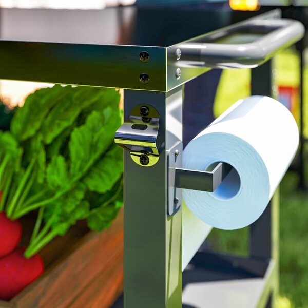 Outsunny 3-úrovňový grilovací vozík BBQ s kolečky, nerezová pracovní deska, skládací boční stůl a rukojeť, stůl pro pizza pec do zahrady nebo na teras