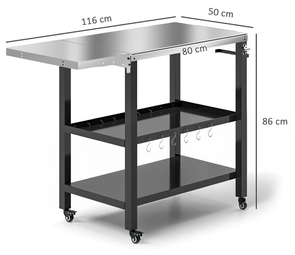 Outsunny 3-úrovňový grilovací vozík BBQ s kolečky, nerezová pracovní deska, skládací boční stůl a rukojeť, stůl pro pizza pec do zahrady nebo na teras