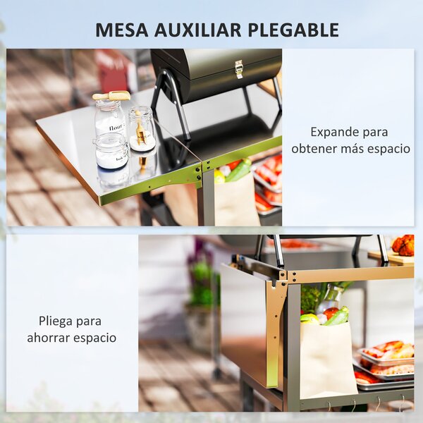 Outsunny 3-úrovňový grilovací vozík BBQ s kolečky, nerezová pracovní deska, skládací boční stůl a rukojeť, stůl pro pizza pec do zahrady nebo na teras