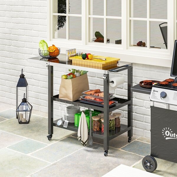 Outsunny 3-úrovňový grilovací vozík BBQ s kolečky, nerezová pracovní deska, skládací boční stůl a rukojeť, stůl pro pizza pec do zahrady nebo na teras