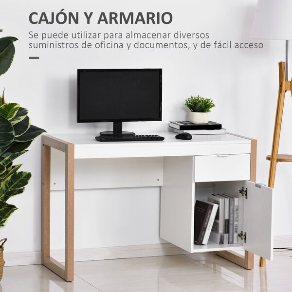 HOMCOM Počítačový stůl se zásuvkou a skříňkou, obdélníkové nohy, moderní styl, další dekorace 112,5x50x75,5 cm, bílý | Aosom