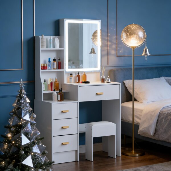 LED osvětlený toaletní stolek - bílý - 90x40x140 cm - MDF a sklo - zrcadlo - moderní toaletní stolek