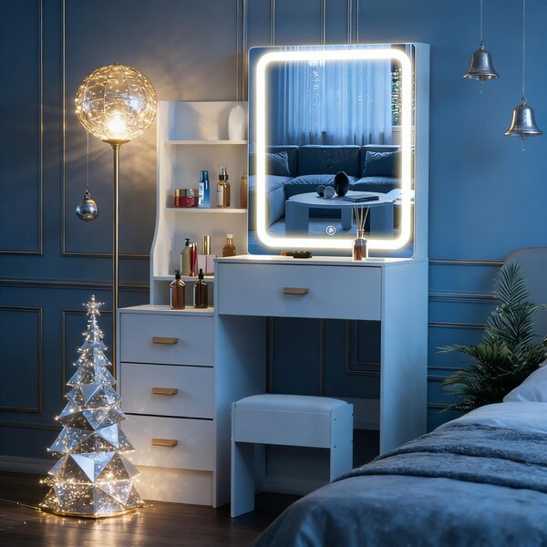 LED osvětlený toaletní stolek - bílý - 90x40x140 cm - MDF a sklo - zrcadlo - moderní toaletní stolek