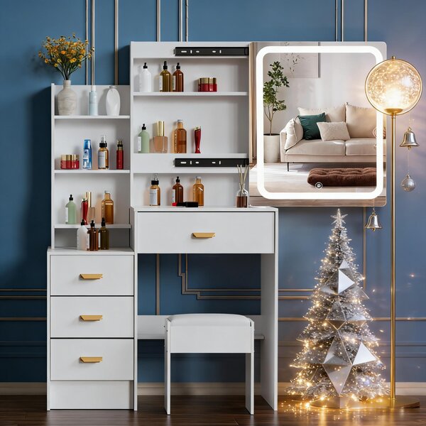 LED osvětlený toaletní stolek - bílý - 90x40x140 cm - MDF a sklo - zrcadlo - moderní toaletní stolek