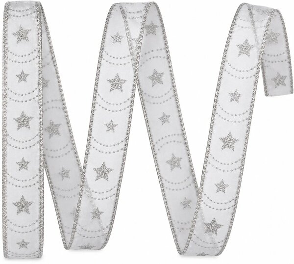Stuha vánoční HARMONY WHITE – bílá se stříbrným potiskem 15mm x 2m (6,- Kč/m)