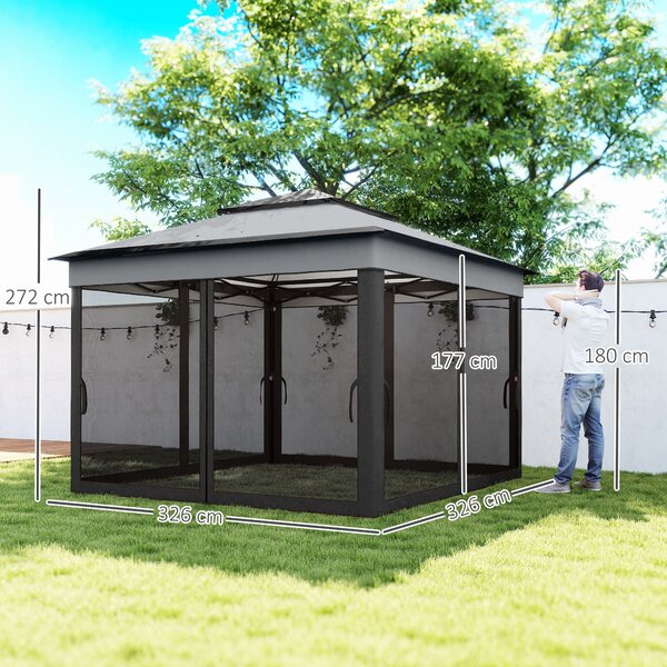 Outsunny Skládací Altán 3x3x2,7 m Zahradní Slunečník s Dvojitou Střechou, Nastavitelná Výška, 4 Moskytiéry, UV30+ Ochrana, Vodotěsný a S Taškou pro Ve