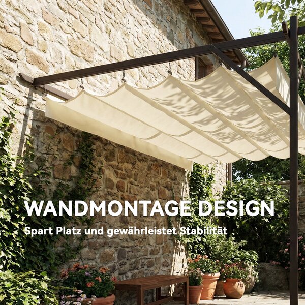 Outsunny 4 x 3 m nástěnná zahradní pergola s vysouvací střechou, ochrana UPF30+, odvodnění a kovový rám — krémová | Aosom