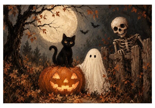 Obraz halloweenská kočka s dýní