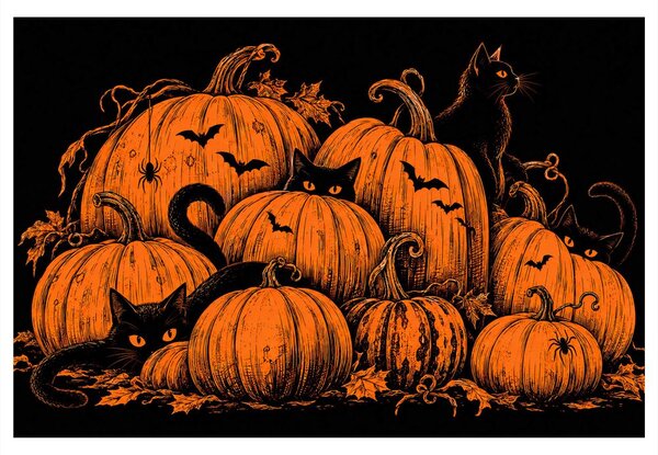 Obraz halloweenské dýně s černými kočkami