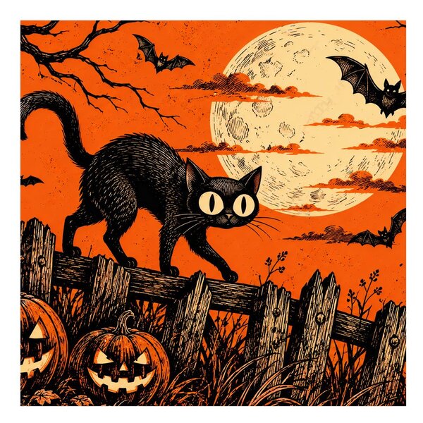 Obraz halloweenská kočka mezi dýněmi
