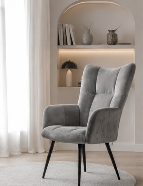 Křeslo relaxační, odpočinkové, ušák, kov/samet, 98x63x69 cm, černá/světle šedá, Dekorino KR20260001