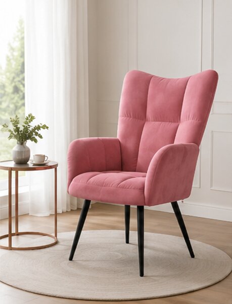 Křeslo relaxační, odpočinkové, ušák, kov/samet, 98x63x69 cm, černá/růžová, Dekorino KR20260005