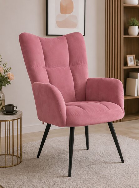 Křeslo relaxační, odpočinkové, ušák, kov/samet, 98x63x69 cm, černá/růžová, Dekorino KR20260005