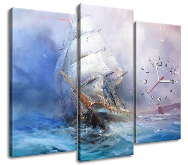 Obraz s hodinami Plachetnice na rozbouřeném moři - 3 dílný Rozměry: 90 x 70 cm