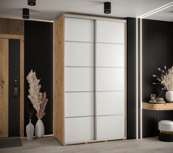 Šatní skříň ASIRI 4 - 130/60 cm, dub artisan / bílá / stříbrná
