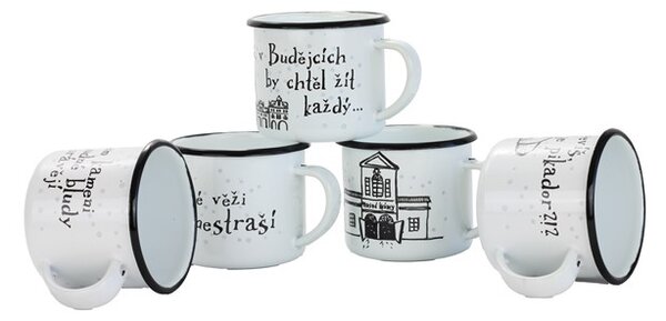 BELIS Smaltovaný hrnek ø 8 cm - 0.35 l bílý "černá věž" v krabičce - ČESKÝ PLECHÁČEK - 11008-039PEM04