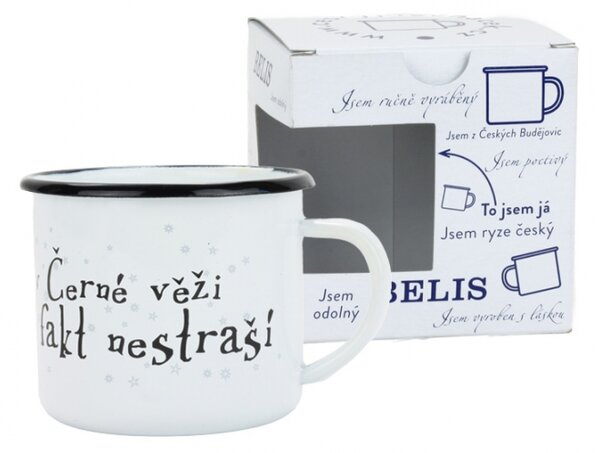 BELIS Smaltovaný hrnek ø 8 cm - 0.35 l bílý "černá věž" v krabičce - ČESKÝ PLECHÁČEK - 11008-039PEM04