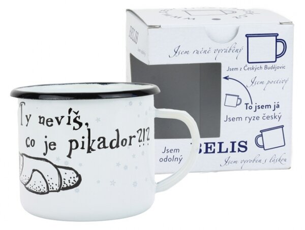 BELIS Smaltovaný hrnek ø 8 cm - 0.35 l bílý "ČB/pikador" v krabičce - ČESKÝ PLECHÁČEK - 11008-039PIM04