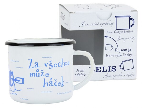 BELIS Smaltovaný hrnek ø 8 cm - 0.35 l bílý "vodák/háček" v krabičce - ČESKÝ PLECHÁČEK - 11008-039RFM04