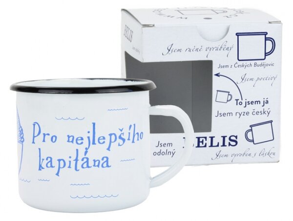 BELIS Smaltovaný hrnek ø 8 cm - 0.35 l bílý "nejlepší kapitán" v krabičce - ČESKÝ PLECHÁČEK - 11008-039REM04