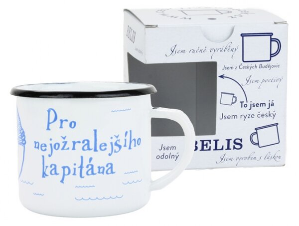BELIS Smaltovaný hrnek ø 8 cm - 0.35 l bílý "nejožralejší kapitán" v krabičce - ČESKÝ PLECHÁČEK - 11008-039RHM04