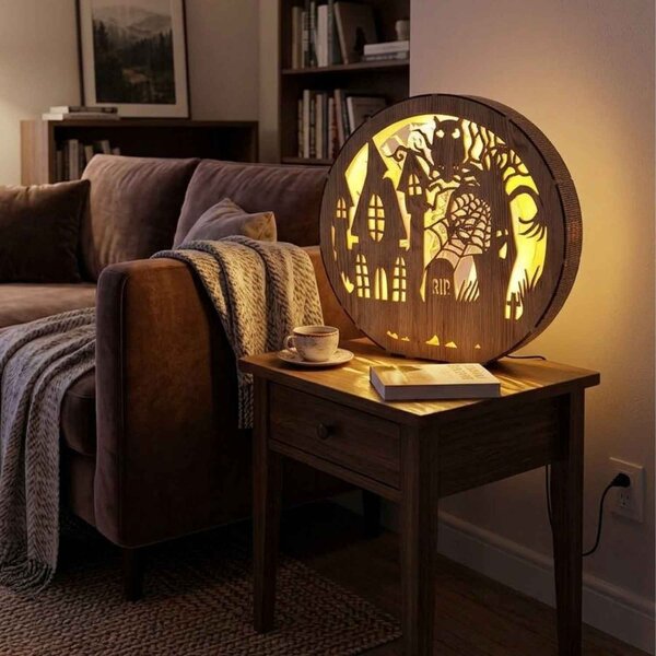 Dřevěná lampa Halloween - Strašidelný dům s sovou | DRACO: HDF - Ořech 20 cm 4796-115339 LED0619