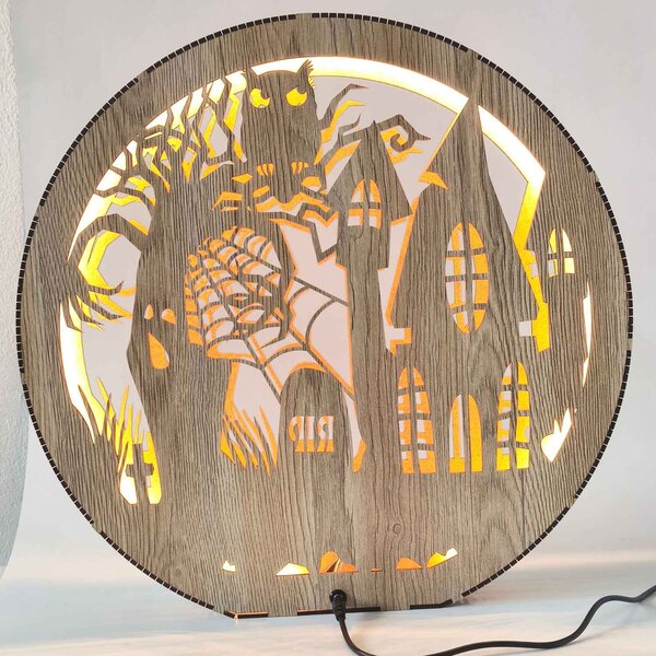 Dřevěná lampa Halloween - Strašidelný dům s sovou | DRACO: HDF - Ořech 20 cm 4796-115339 LED0619