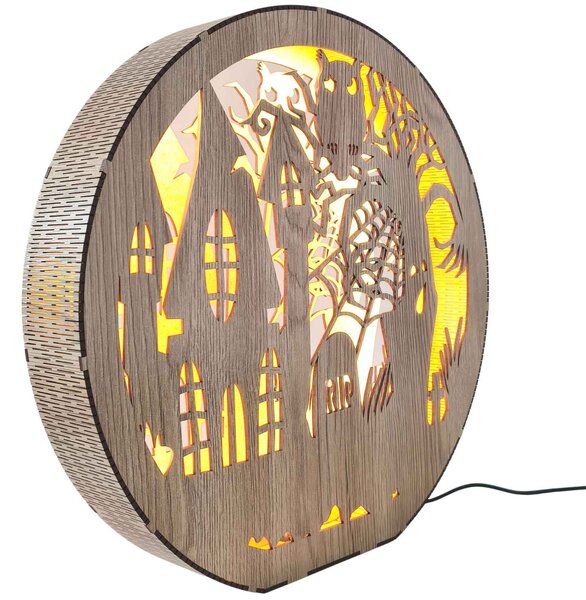 Dřevěná lampa Halloween - Strašidelný dům s sovou | DRACO: HDF - Ořech 20 cm 4796-115339 LED0619