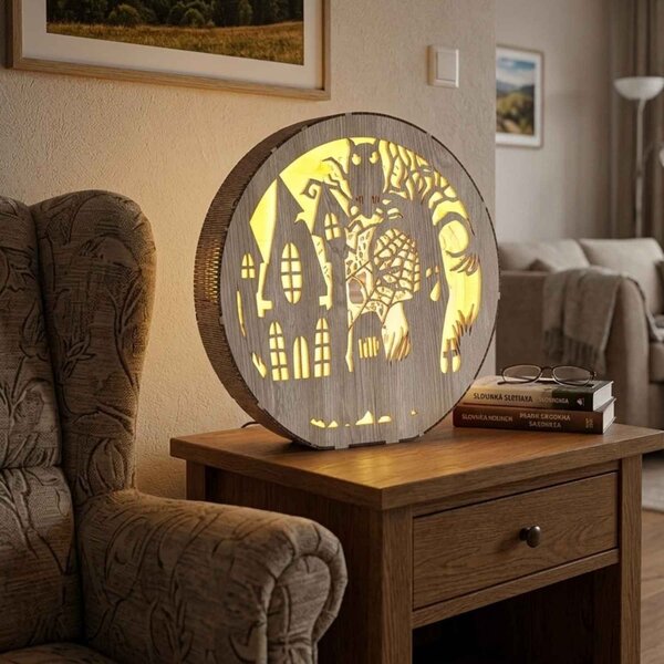 Dřevěná lampa Halloween - Strašidelný dům s sovou | DRACO: HDF - Ořech 20 cm 4796-115339 LED0619