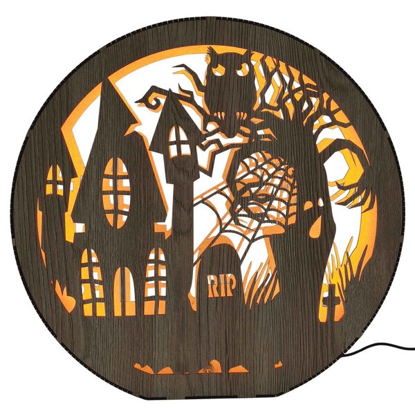 Dřevěná lampa Halloween - Strašidelný dům s sovou | DRACO: HDF - Ořech 20 cm 4796-115339 LED0619