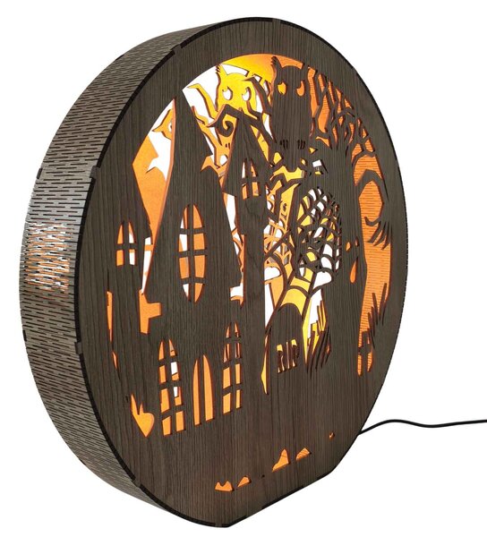 Dřevěná lampa Halloween - Strašidelný dům s sovou | DRACO: HDF - Ořech 20 cm 4796-115339 LED0619