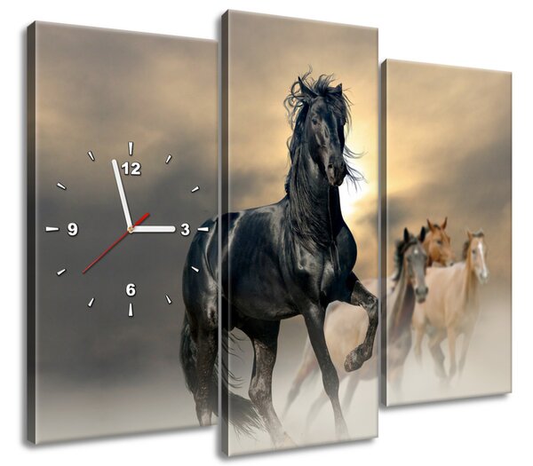 Gario 3 dílný obraz s hodinami Nádherný černý kůň Velikost: 90 x 70 cm