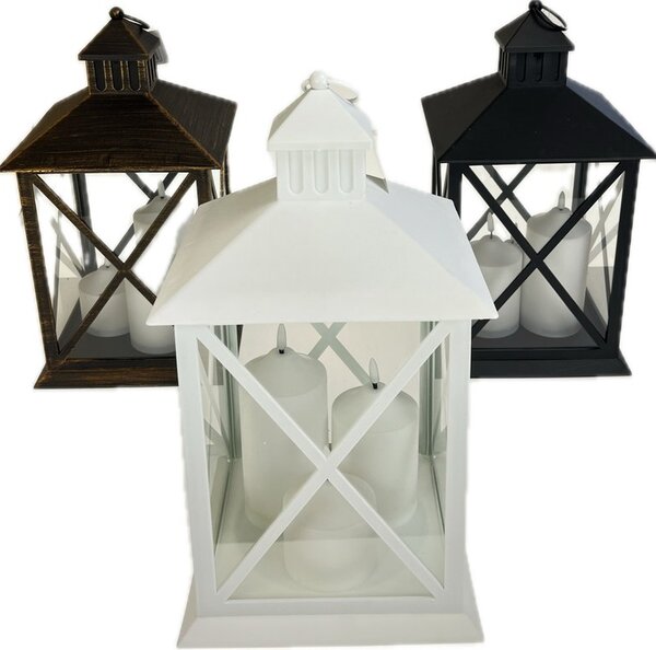 Lucerna plast/sklo 22,5x22,5x40 cm s 3 LED svíčkami, na 2xAA baterie (nejsou součástí) Barva: Černá