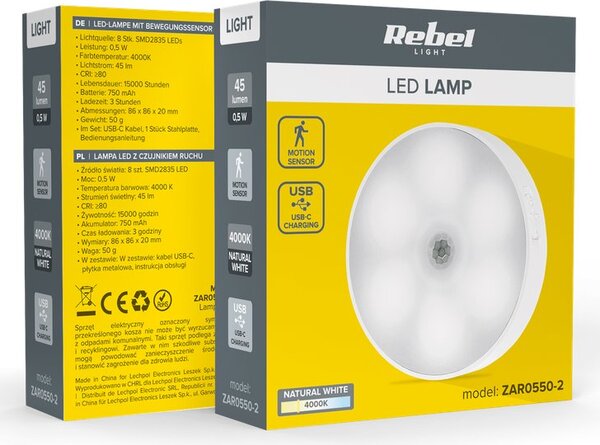 LED noční světlo Rebel ZAR0550-2 s pohybovým a soumrakovým senzorem, USB-C, magnetické