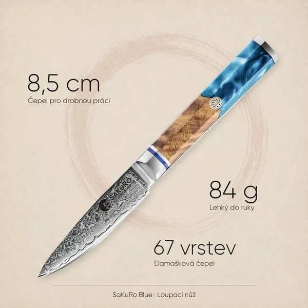 Loupací nůž z damaškové oceli SaKuRo Blue 8,5 cm