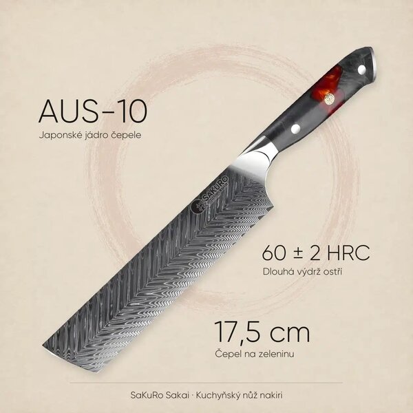 Kuchyňský nůž nakiri z damaškové oceli SaKuRo Sakai 17,5 cm