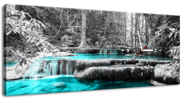 Obraz s hodinami Modrý vodopád v džungli Rozměry: 100 x 40 cm