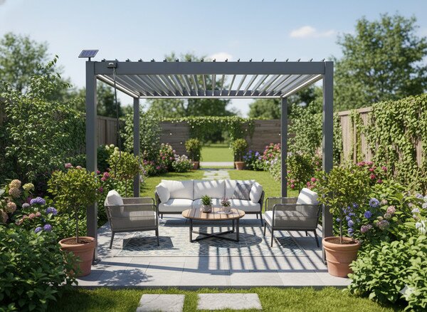 Zahradní pergola FREDE s LED osvětlením šedá GOL0555 - 300x300x250 cm