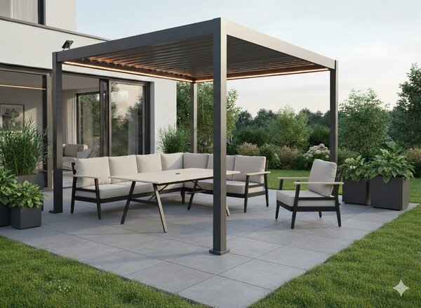 Zahradní pergola FREDE s LED osvětlením šedá GOL0555 - 300x300x250 cm