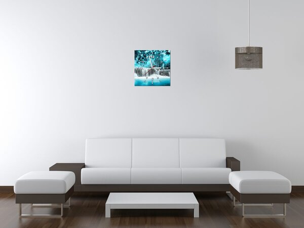 Obraz s hodinami Vodopád v modré džungli Rozměry: 30 x 30 cm