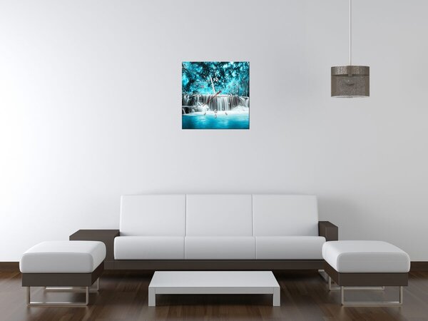 Obraz s hodinami Vodopád v modré džungli Rozměry: 30 x 30 cm