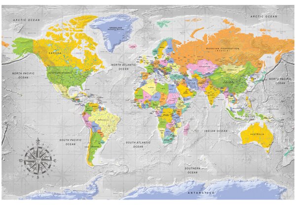 Korková nástěnná dekorační tabule Mapa světa: Růžice větrů [Korková mapa]